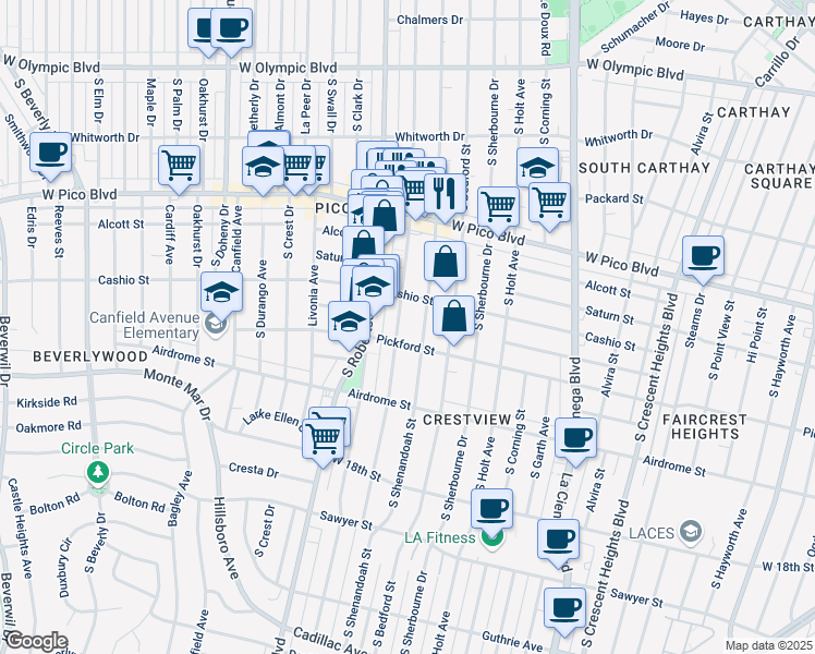 map of restaurants, bars, coffee shops, grocery stores, and more near 1518 South Robertson Boulevard in Los Angeles