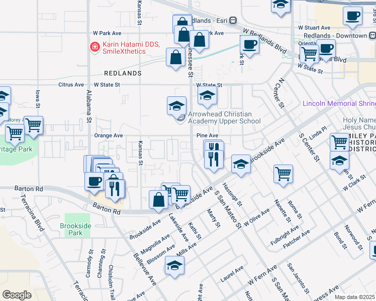 map of restaurants, bars, coffee shops, grocery stores, and more near 87 Tennessee Street in Redlands