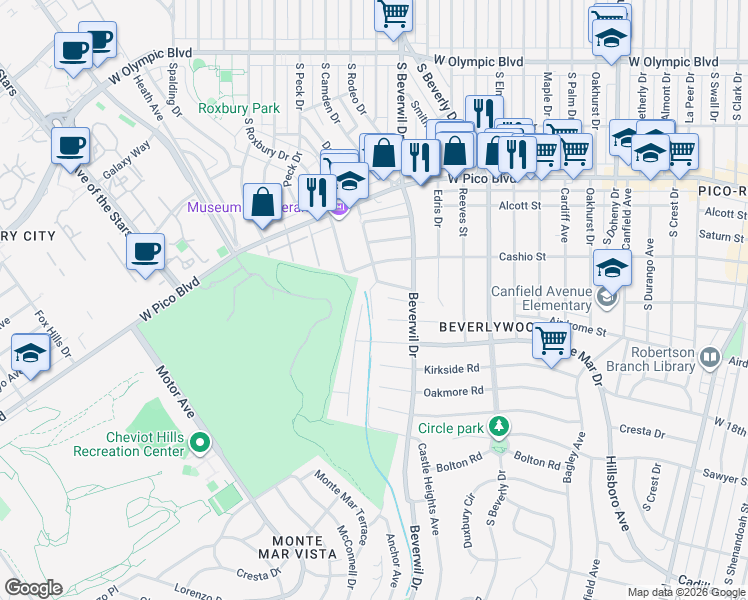 map of restaurants, bars, coffee shops, grocery stores, and more near 9752 Castello Place in Los Angeles
