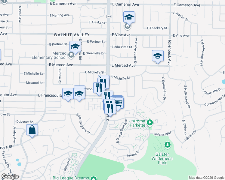 map of restaurants, bars, coffee shops, grocery stores, and more near 1812 East Cajon Circle in West Covina