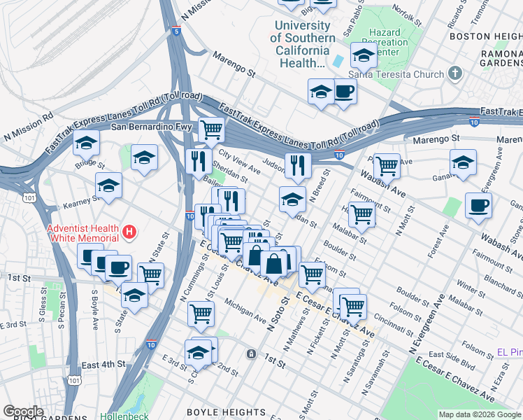 map of restaurants, bars, coffee shops, grocery stores, and more near 616 North Saint Louis Street in Los Angeles