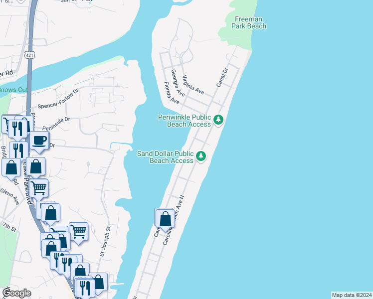 map of restaurants, bars, coffee shops, grocery stores, and more near 1305 Canal Drive in Carolina Beach
