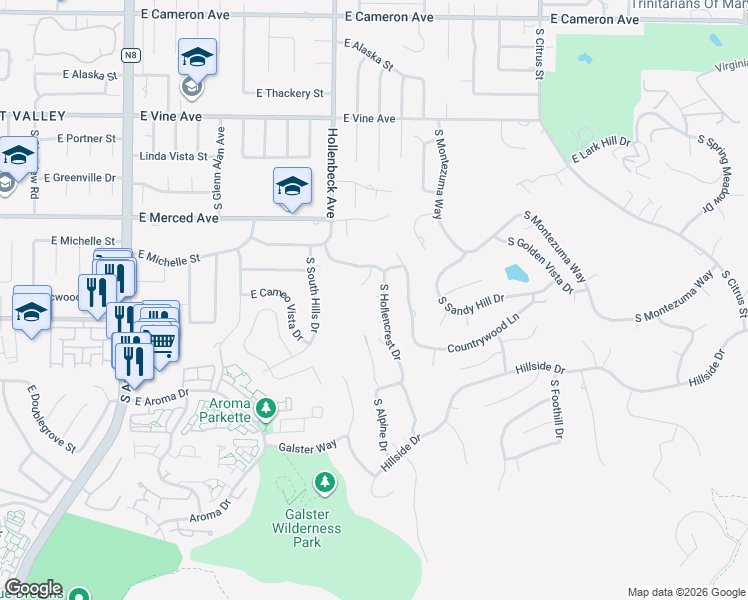 map of restaurants, bars, coffee shops, grocery stores, and more near 1327 South Hollencrest Drive in West Covina