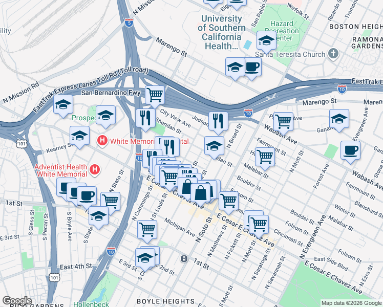 map of restaurants, bars, coffee shops, grocery stores, and more near 616 North Saint Louis Street in Los Angeles