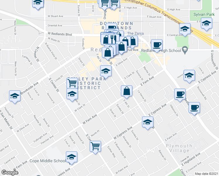map of restaurants, bars, coffee shops, grocery stores, and more near 299 Eureka Street in Redlands
