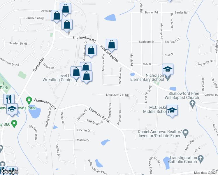 map of restaurants, bars, coffee shops, grocery stores, and more near 4135 Meadow Way in Marietta