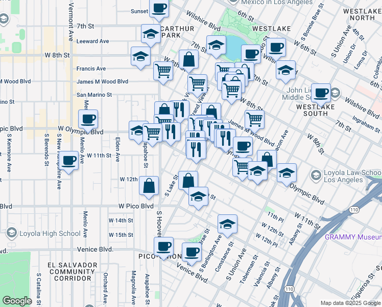 map of restaurants, bars, coffee shops, grocery stores, and more near 2121 West 11th Street in Los Angeles