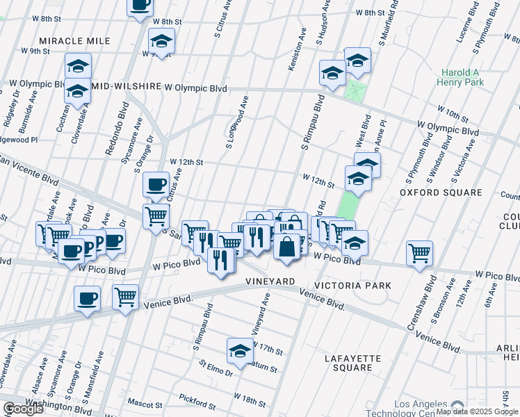 map of restaurants, bars, coffee shops, grocery stores, and more near 1252 Keniston Avenue in Los Angeles