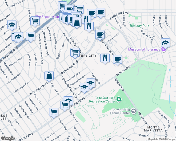 map of restaurants, bars, coffee shops, grocery stores, and more near 10305 Keswick Avenue in Los Angeles