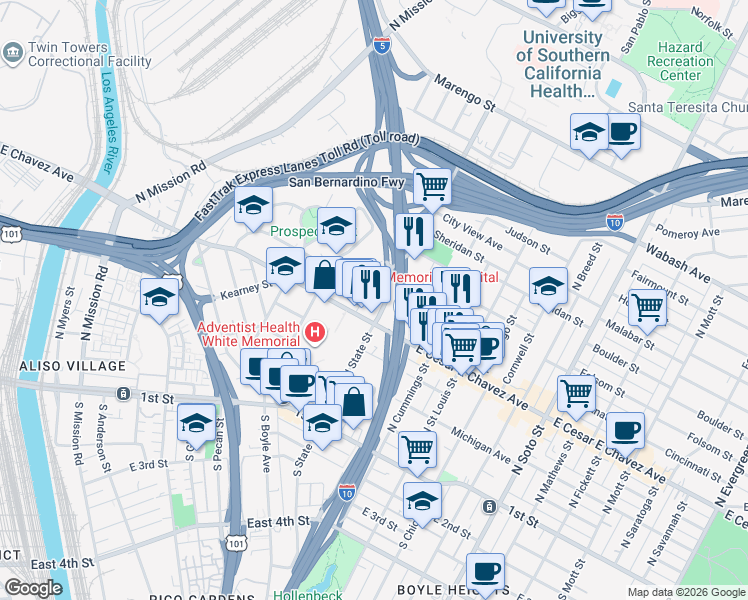 map of restaurants, bars, coffee shops, grocery stores, and more near in Los Angeles