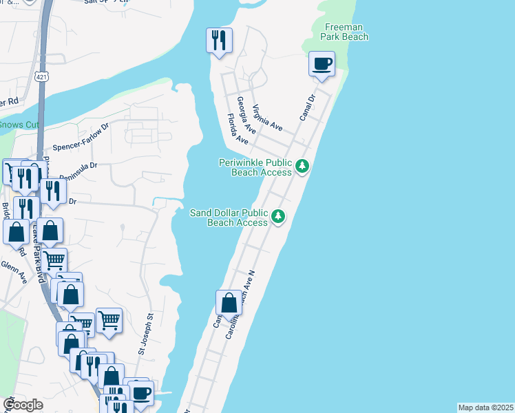 map of restaurants, bars, coffee shops, grocery stores, and more near 1305 Canal Drive in Carolina Beach