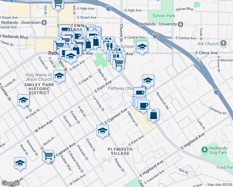 map of restaurants, bars, coffee shops, grocery stores, and more near 250 East Fern Avenue in Redlands