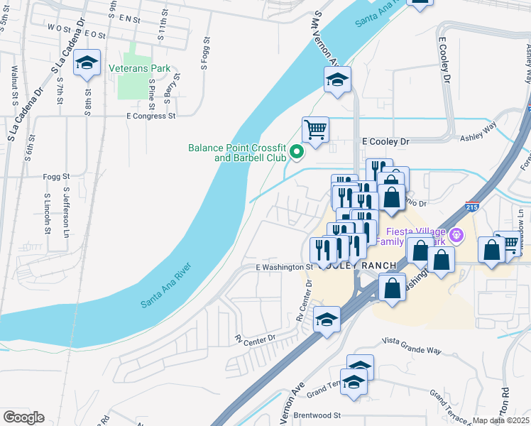 map of restaurants, bars, coffee shops, grocery stores, and more near 1097 South Santo Antonio Drive in Colton