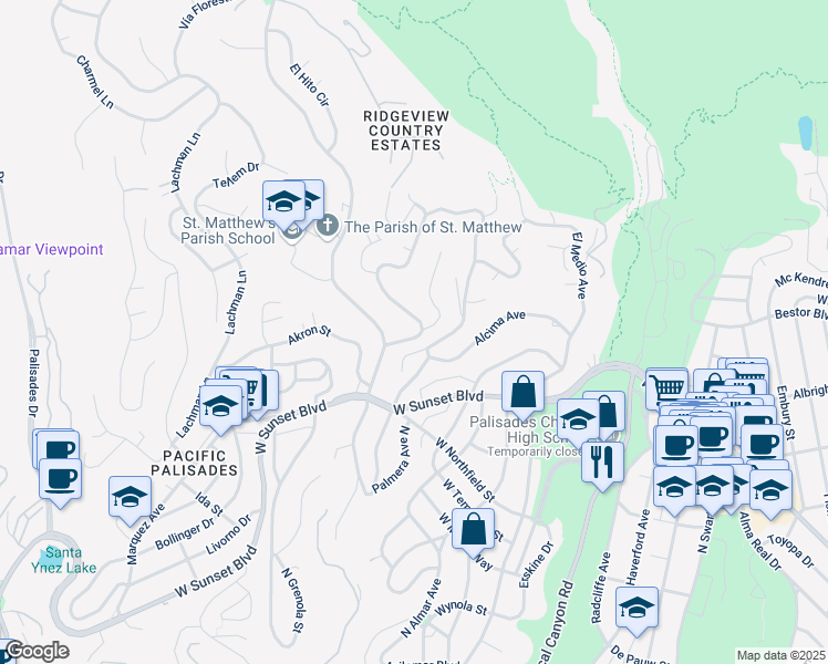 map of restaurants, bars, coffee shops, grocery stores, and more near 931 Las Pulgas Road in Los Angeles