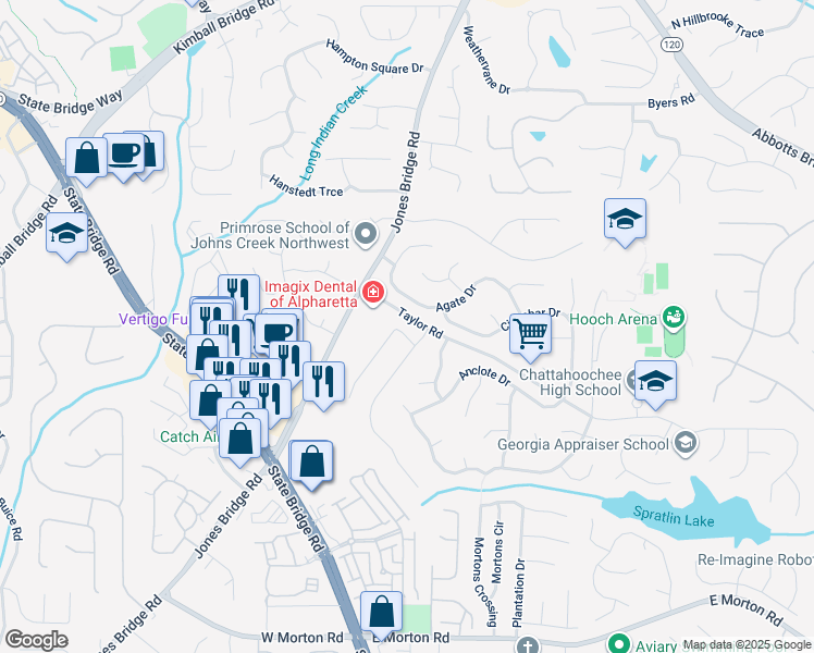 map of restaurants, bars, coffee shops, grocery stores, and more near 4970 Saddle Bridge Lane in Alpharetta