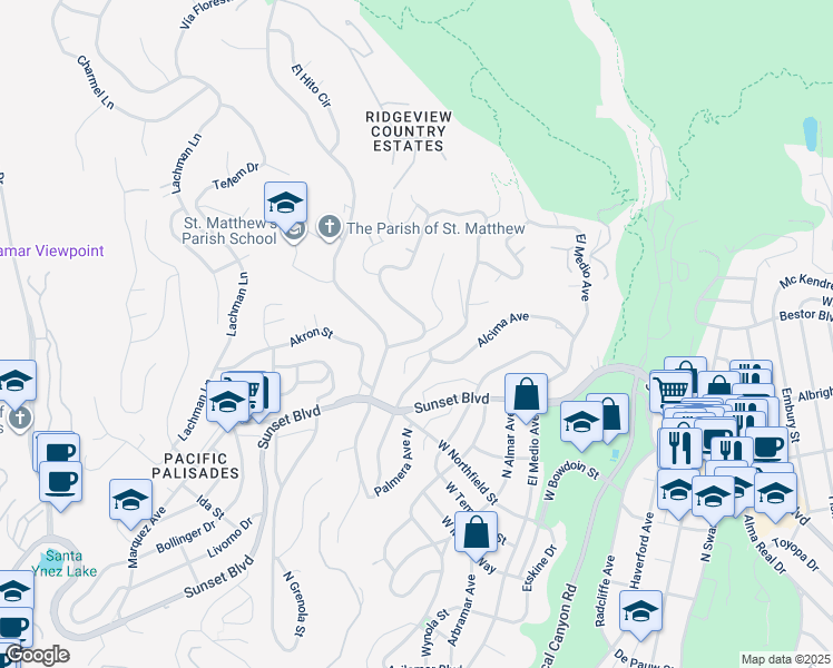 map of restaurants, bars, coffee shops, grocery stores, and more near 931 Las Pulgas Road in Los Angeles