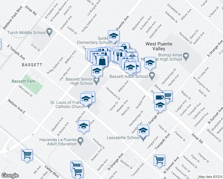 map of restaurants, bars, coffee shops, grocery stores, and more near 13933 Homeward Street in La Puente