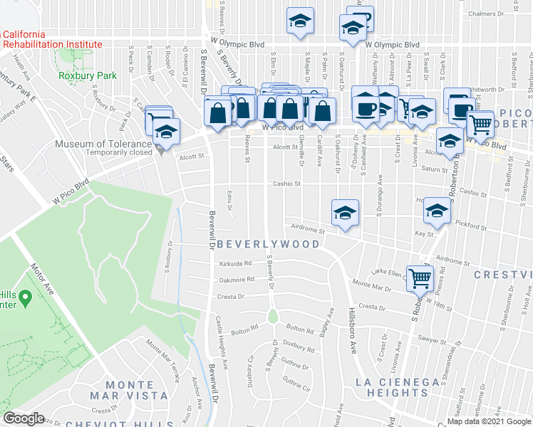 map of restaurants, bars, coffee shops, grocery stores, and more near South Beverly Drive in Los Angeles