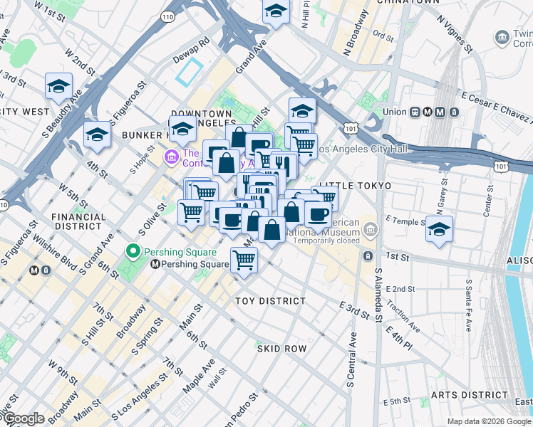 map of restaurants, bars, coffee shops, grocery stores, and more near in Los Angeles