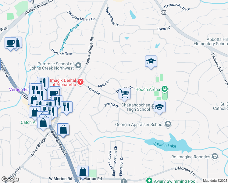 map of restaurants, bars, coffee shops, grocery stores, and more near 4960 Cinnabar Drive in Alpharetta