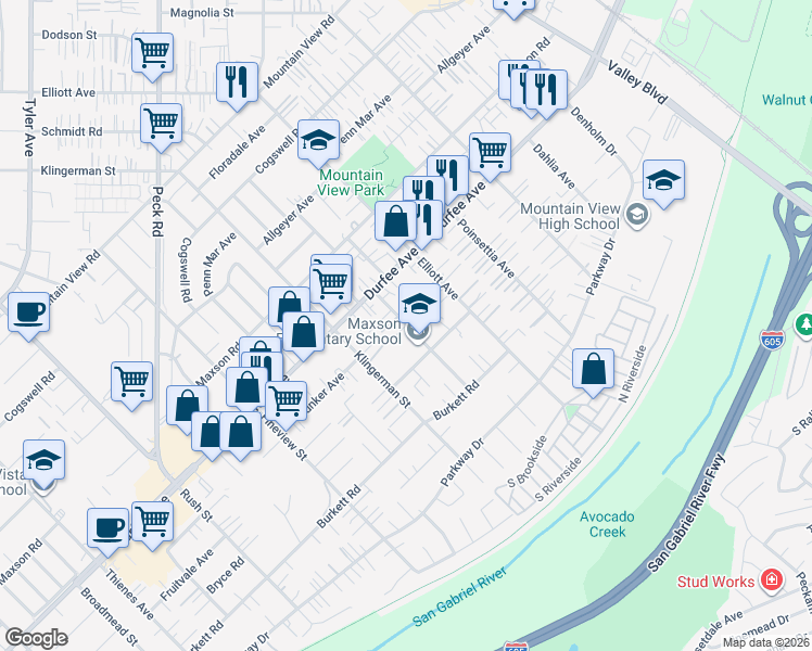 map of restaurants, bars, coffee shops, grocery stores, and more near 12358 Felipe Street in El Monte