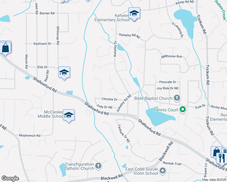 map of restaurants, bars, coffee shops, grocery stores, and more near 4058 Keheley Glen Drive in Marietta