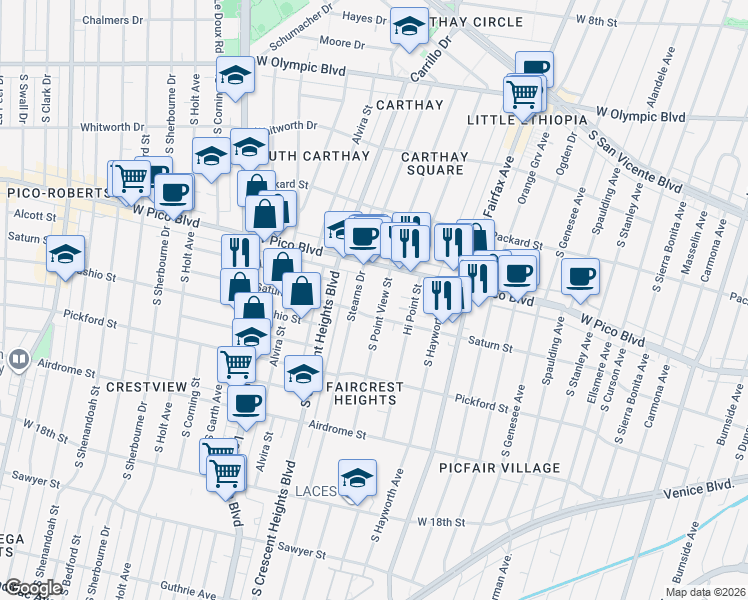 map of restaurants, bars, coffee shops, grocery stores, and more near 1439 South Point View Street in Los Angeles