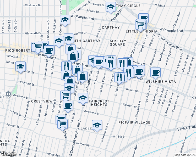 map of restaurants, bars, coffee shops, grocery stores, and more near 1424 Stearns Drive in Los Angeles