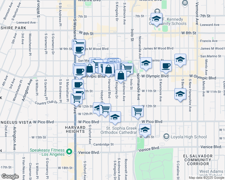 map of restaurants, bars, coffee shops, grocery stores, and more near 3013 West 11th Street in Los Angeles