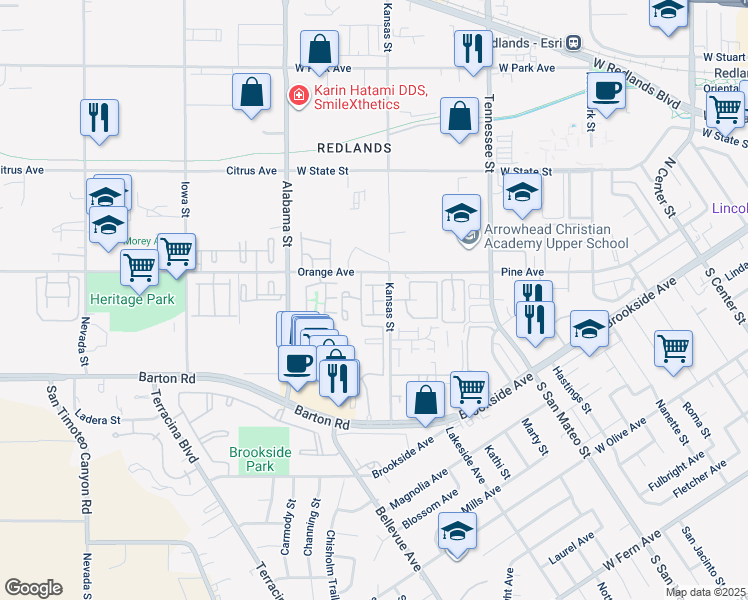 map of restaurants, bars, coffee shops, grocery stores, and more near 93 Kansas Street in Redlands