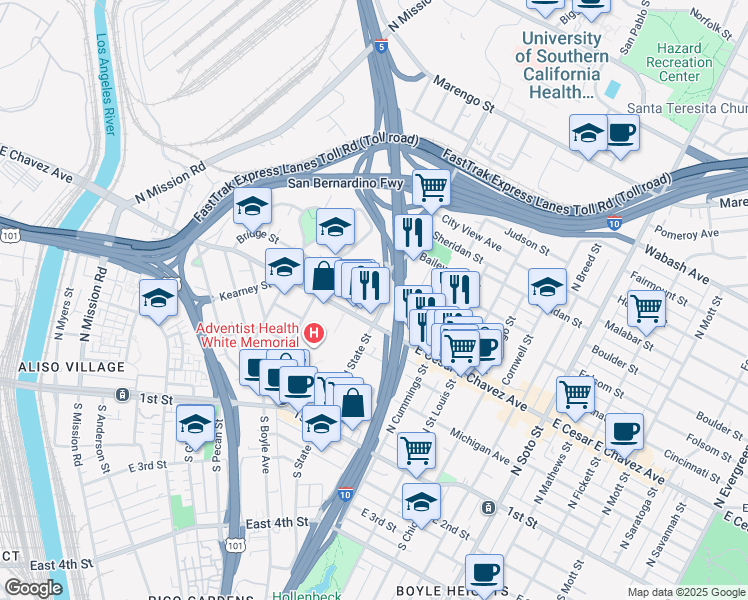 map of restaurants, bars, coffee shops, grocery stores, and more near 1827 Bridge Street in Los Angeles