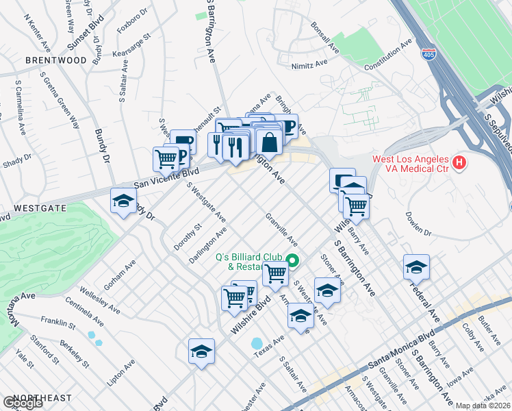 map of restaurants, bars, coffee shops, grocery stores, and more near 951 Granville Avenue in Los Angeles