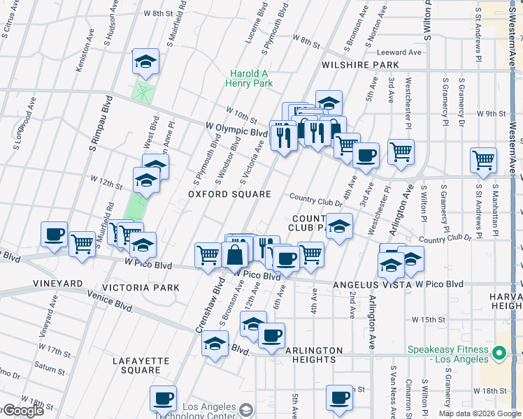 map of restaurants, bars, coffee shops, grocery stores, and more near 1140 Crenshaw Boulevard in Los Angeles