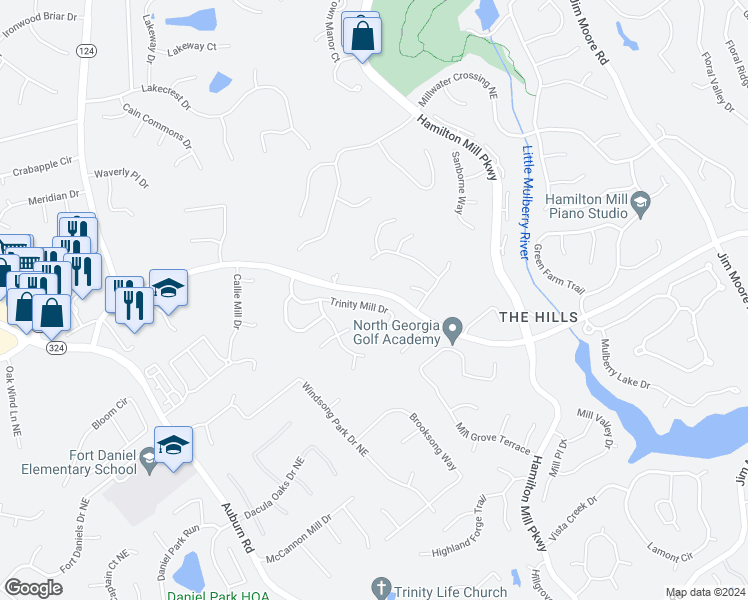 map of restaurants, bars, coffee shops, grocery stores, and more near 1959 Trinity Mill Drive in Dacula