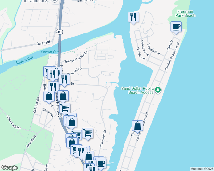 map of restaurants, bars, coffee shops, grocery stores, and more near 805 Teakwood Drive in Carolina Beach