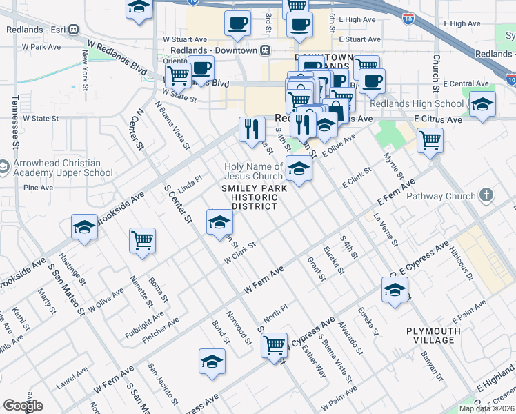 map of restaurants, bars, coffee shops, grocery stores, and more near 405 West Olive Avenue in Redlands