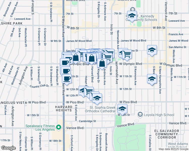 map of restaurants, bars, coffee shops, grocery stores, and more near 3013 West 11th Street in Los Angeles