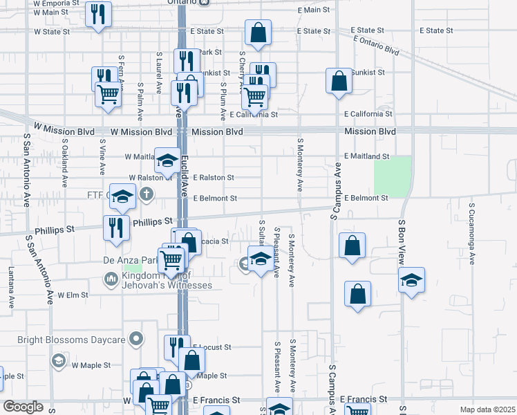 map of restaurants, bars, coffee shops, grocery stores, and more near 1214 South Sultana Avenue in Ontario
