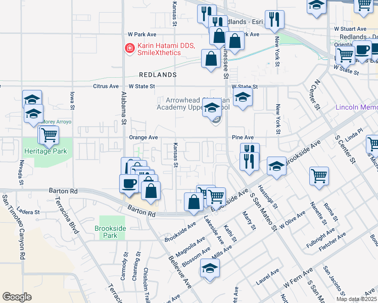 map of restaurants, bars, coffee shops, grocery stores, and more near 92 Kansas Street in Redlands
