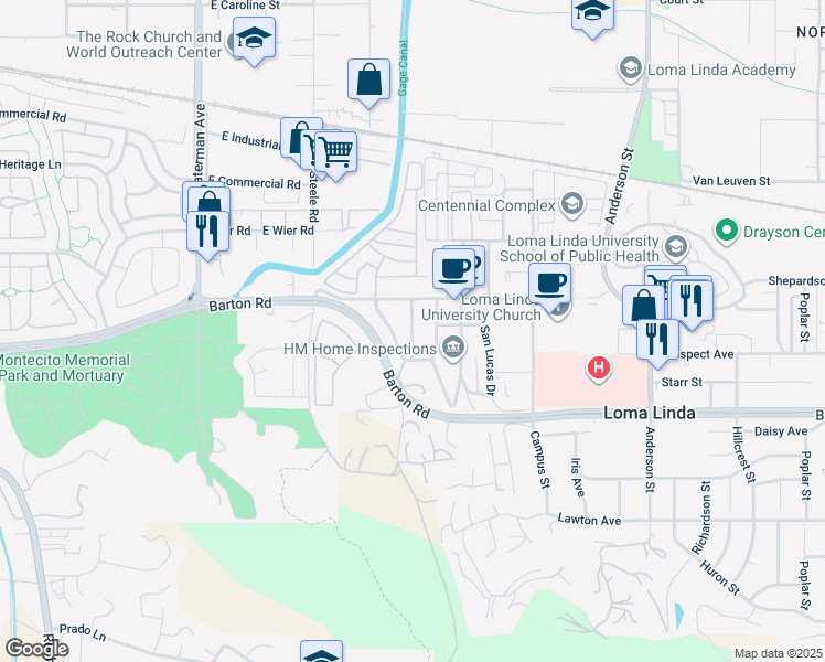map of restaurants, bars, coffee shops, grocery stores, and more near 11135 Yardley Place in Loma Linda