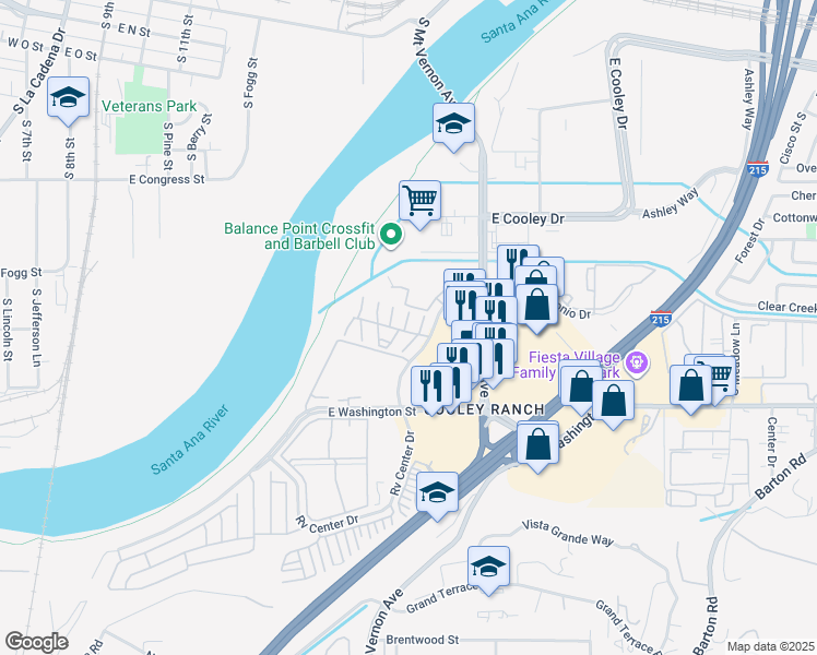 map of restaurants, bars, coffee shops, grocery stores, and more near 1077 South Santo Antonio Drive in Colton