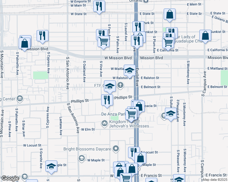 map of restaurants, bars, coffee shops, grocery stores, and more near 314 West Belmont Street in Ontario