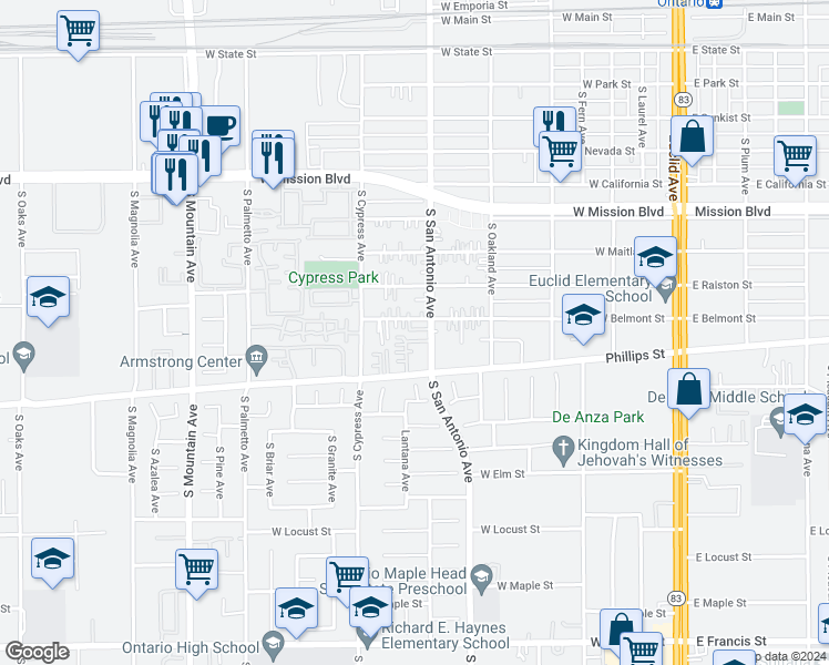 map of restaurants, bars, coffee shops, grocery stores, and more near 724 West Belmont Street in Ontario