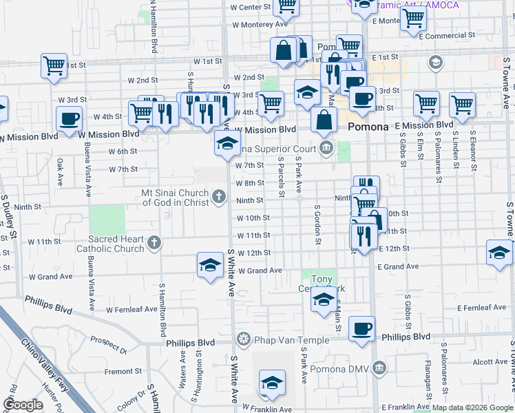 map of restaurants, bars, coffee shops, grocery stores, and more near 791 West 9th Street in Pomona