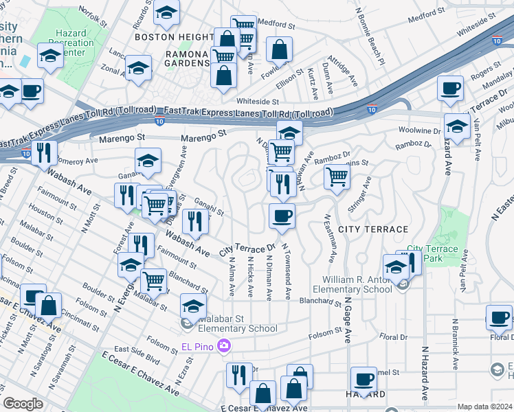 map of restaurants, bars, coffee shops, grocery stores, and more near 1166 North Hicks Avenue in Los Angeles