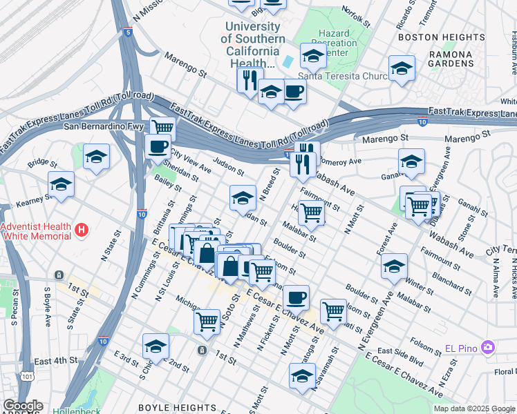 map of restaurants, bars, coffee shops, grocery stores, and more near 616 North Breed Street in Los Angeles