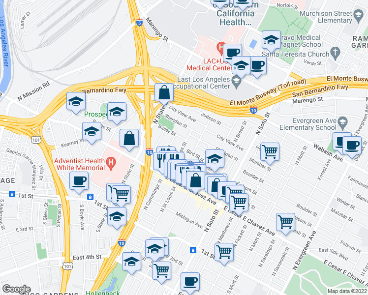 map of restaurants, bars, coffee shops, grocery stores, and more near 656 North Cummings Street in Los Angeles