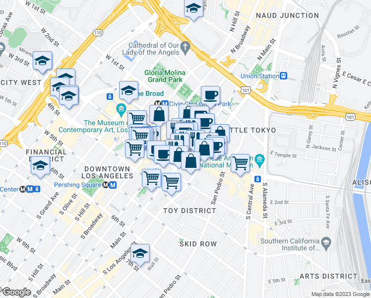 map of restaurants, bars, coffee shops, grocery stores, and more near in Los Angeles