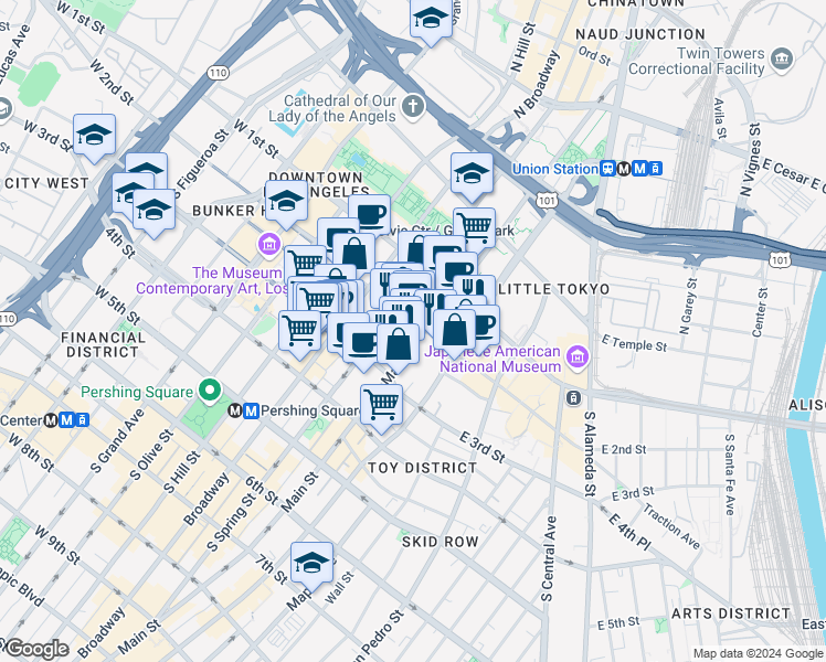 map of restaurants, bars, coffee shops, grocery stores, and more near 108 West 2nd Street in Los Angeles