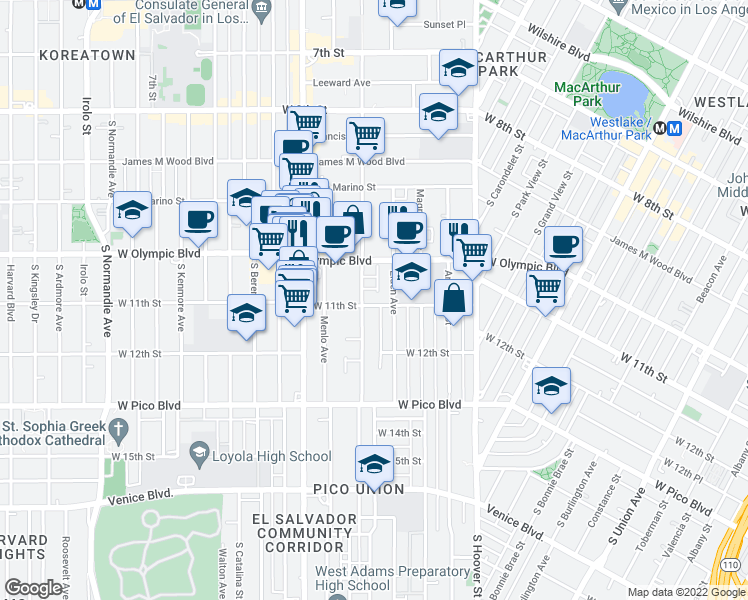 map of restaurants, bars, coffee shops, grocery stores, and more near 1034 South Westmoreland Avenue in Los Angeles